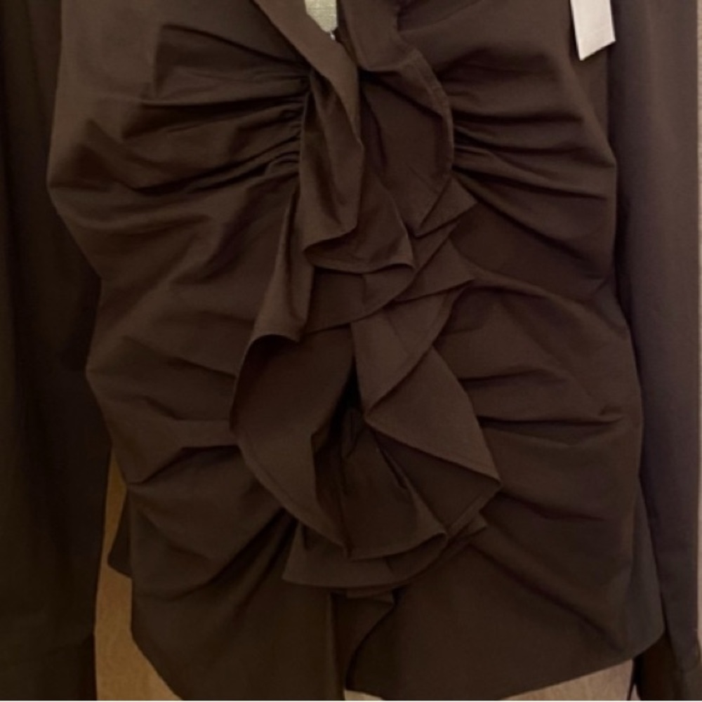 Sexy MODA fiited top with hidden zipper under ruffle. Button neck & cuff detail.
